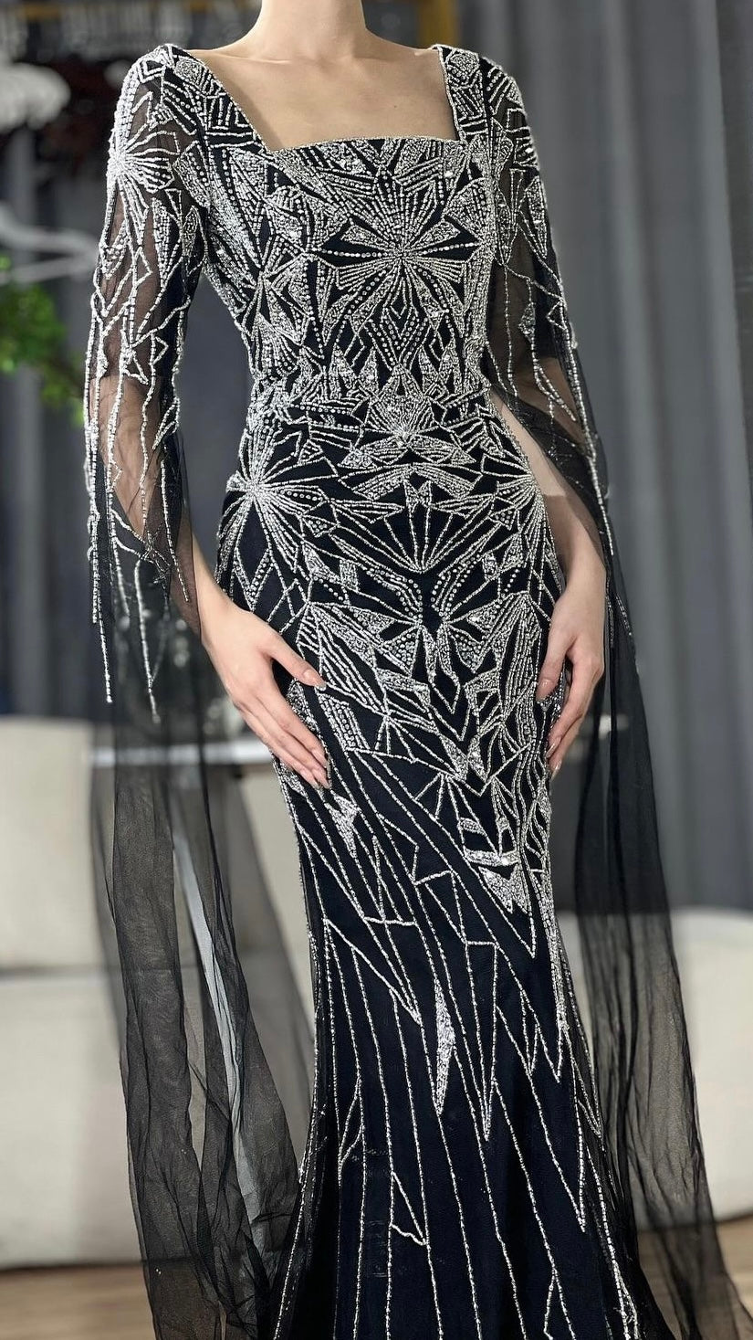 Black Dress Embroidery Silver