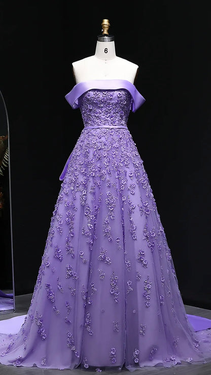 “Lilac Dawn” Gown – Royal Cut with 3D Embroidery & Luxe Train