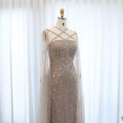 Elegant Beaded Gown with Open Sleeves and Crystal Detailing