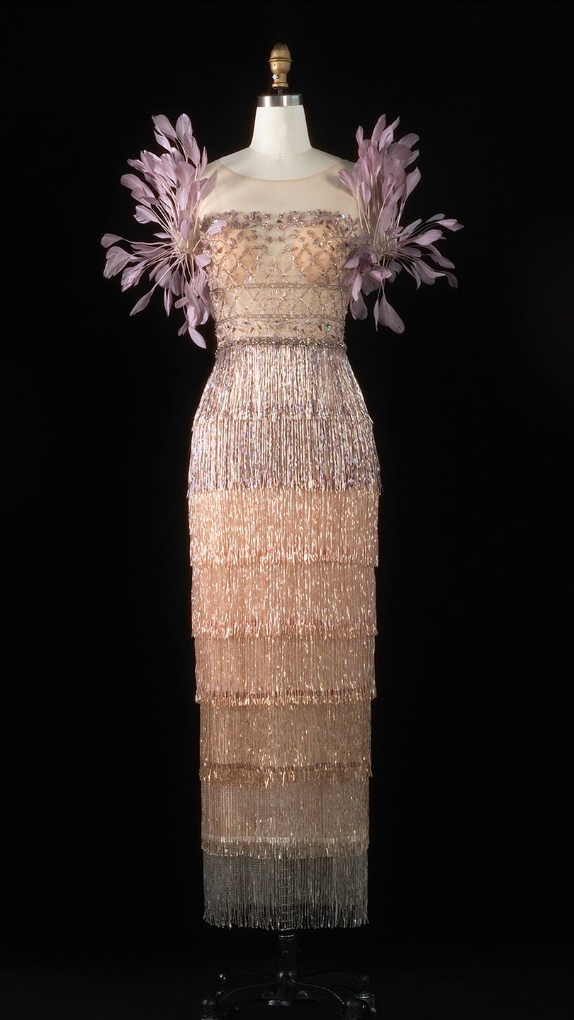 Luxurious Ombre Beaded Fringe Midi Cocktail Dress with Feather Sleeves