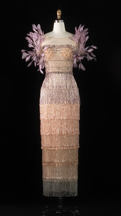 Luxurious Ombre Beaded Fringe Midi Cocktail Dress with Feather Sleeves