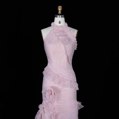 Blush Pink Halter Gown with Pleated Ruffled Cascades & Lace