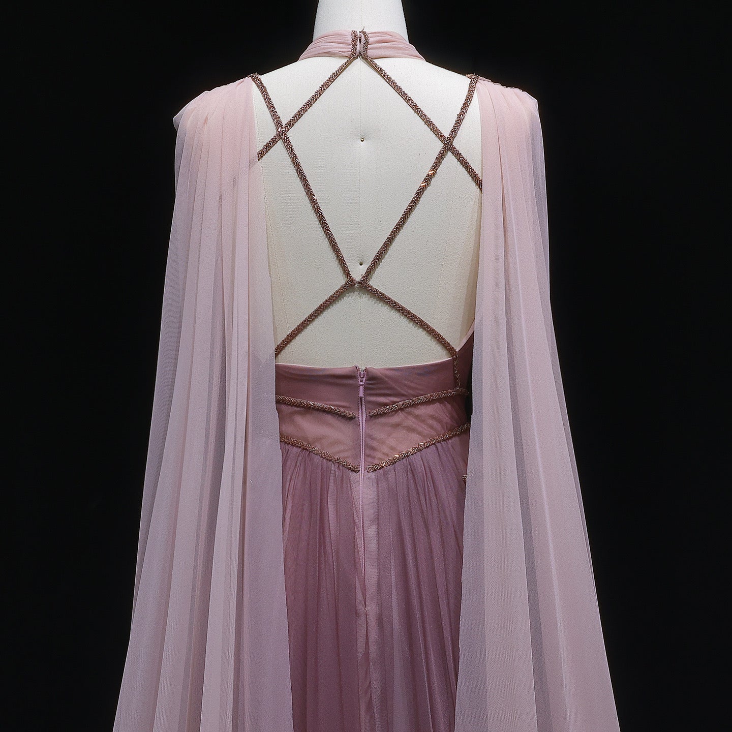 Pink Grecian Draped Gown with Chiffon Cape and Criss-Cross Back Detail