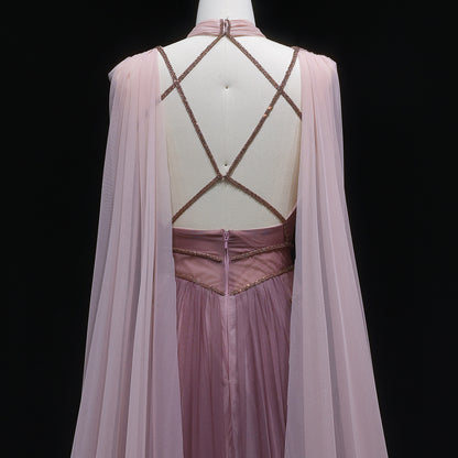 Pink Grecian Draped Gown with Chiffon Cape and Criss-Cross Back Detail