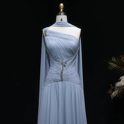 Dusty Blue One-Shoulder Chiffon Gown with Ruched Bodice & Crystal Brooch