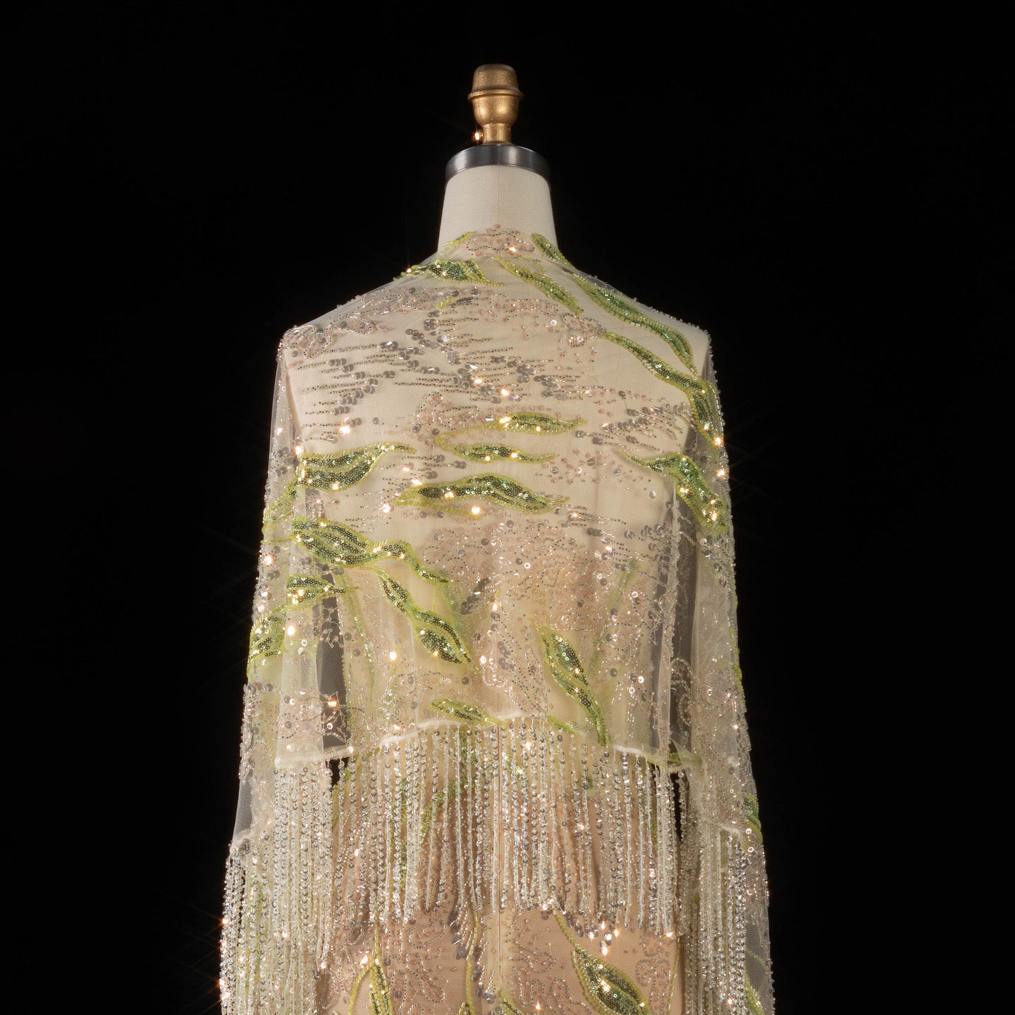 Floral Embroidered Crystal Gown with Fringed Cape Sleeves