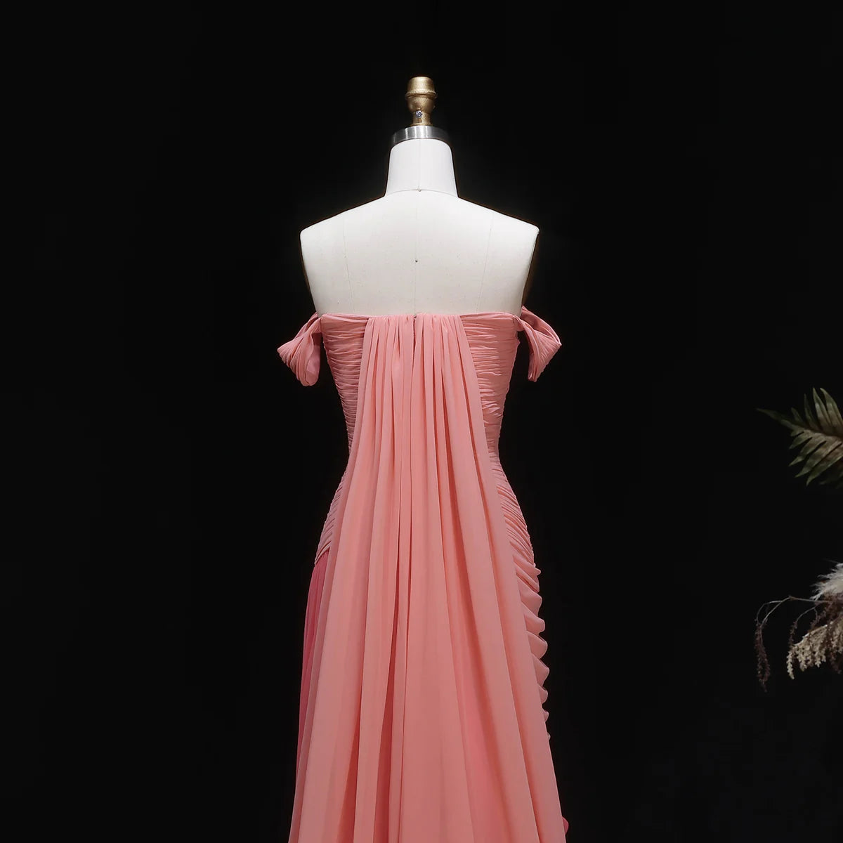 Coral Pink Off-the-Shoulder Chiffon Gown with Cascading Draping & Train