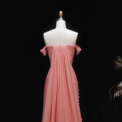 Coral Pink Off-the-Shoulder Chiffon Gown with Cascading Draping & Train