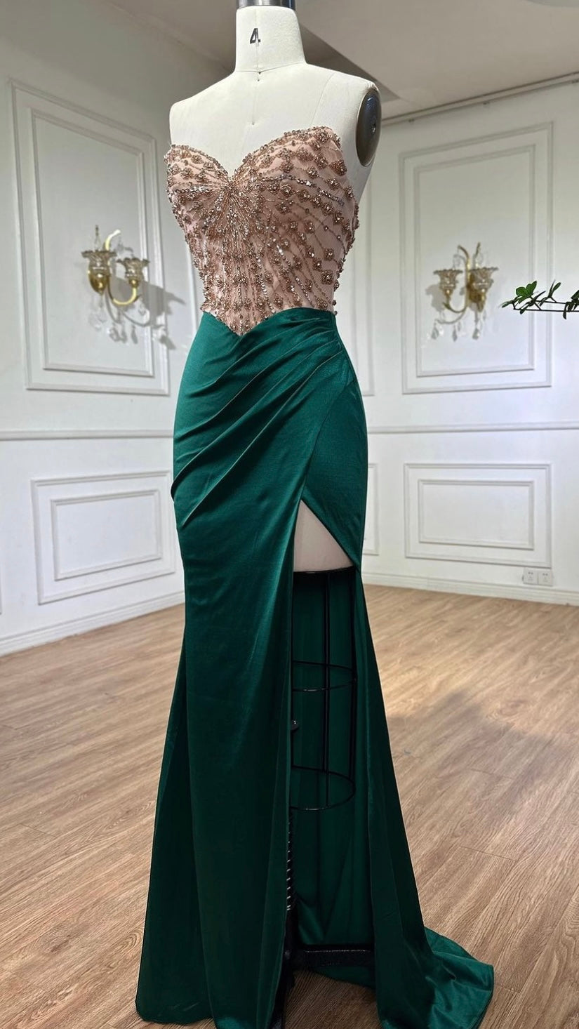 Elegant High Split Satin Strapless Gowns Beaded dress