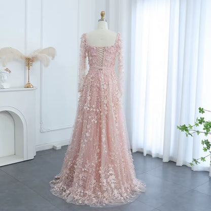 Luxury 3D Flower Long Sleeves Evening Dress