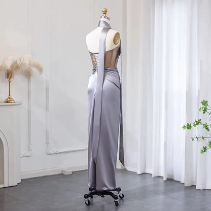 Elegant Strapless pink-Gray Satin Evening Dress with Scarf Luxury Crystal