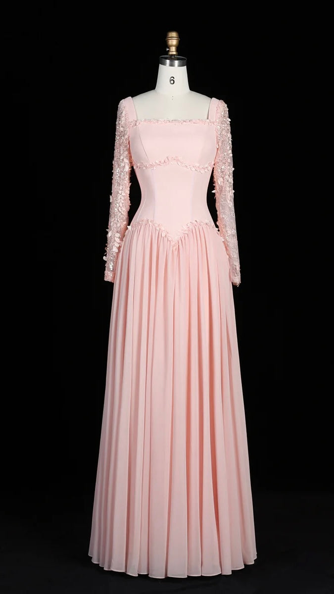 Baby Pink Long-Sleeve Evening Gown with Embellished Lace & V-Waist