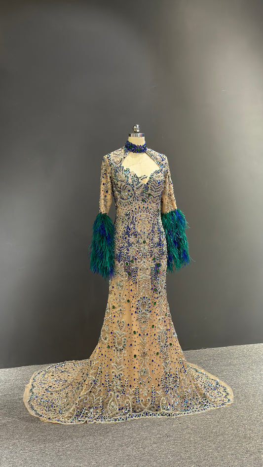 Hand-Embroidered Crystal & Feather Trim Couture Gown