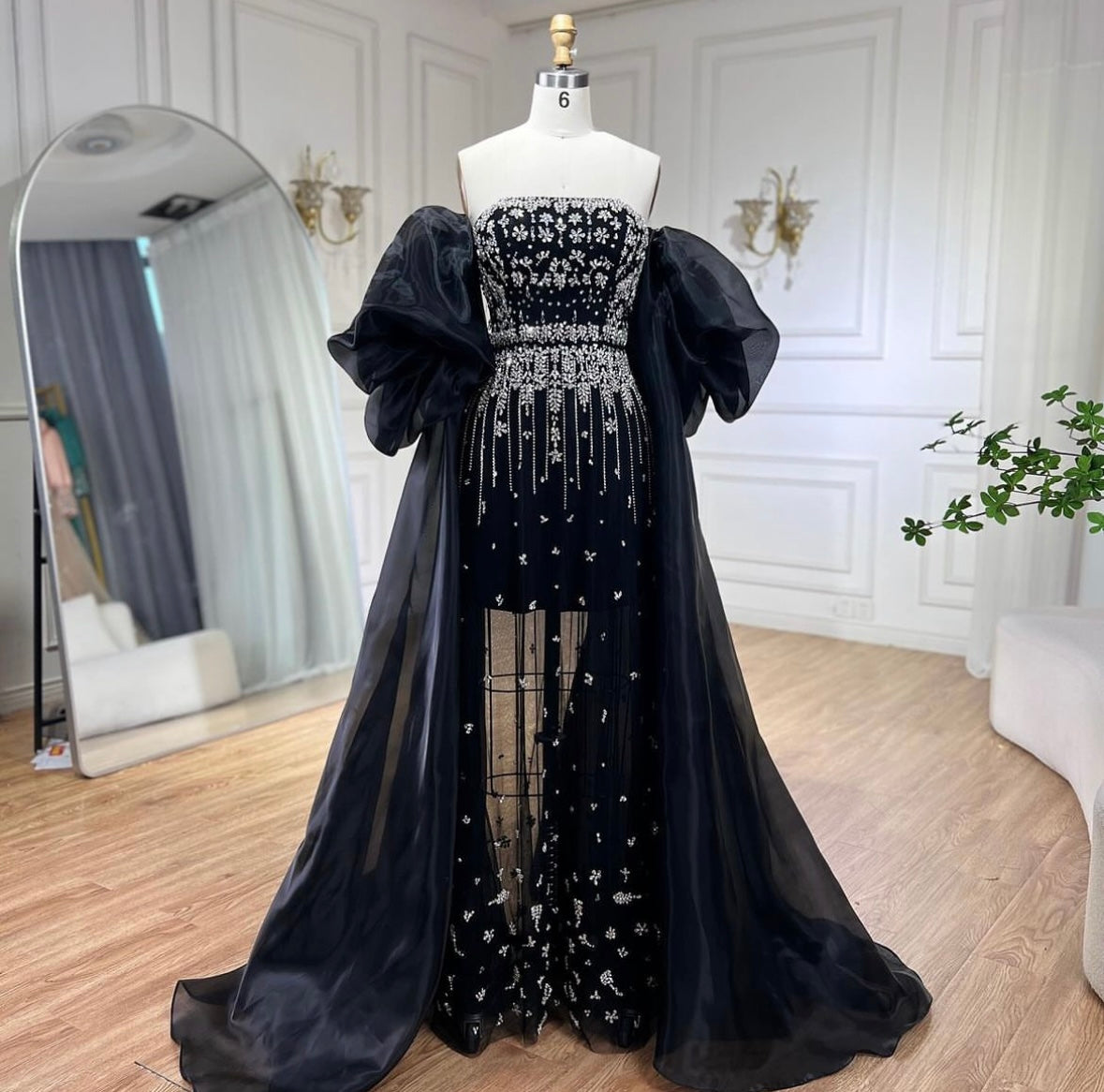 Black Puff Sleeves Evening Dress Gowns Beaded