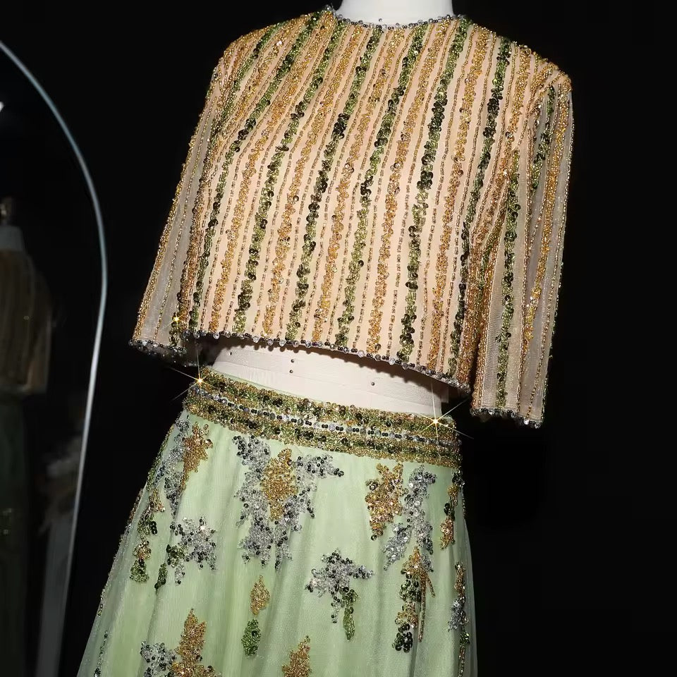 Two-Piece Hand-Embroidered Beaded Lehenga Gown