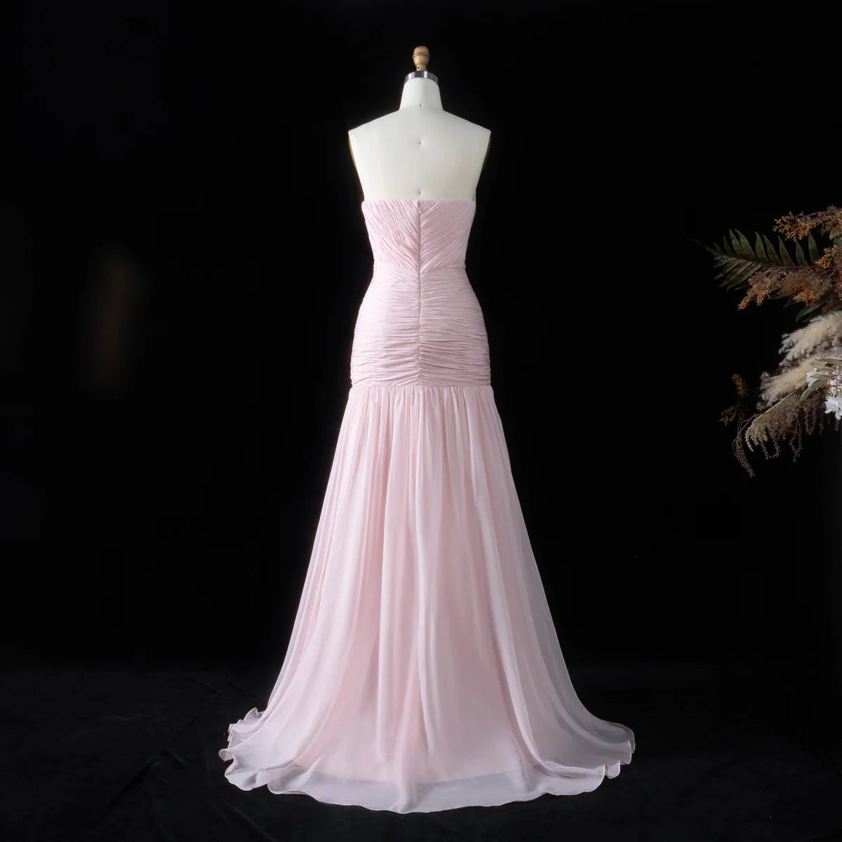 Baby Pink Strapless Chiffon Gown with Ruched Bodice & Flowy Skirt