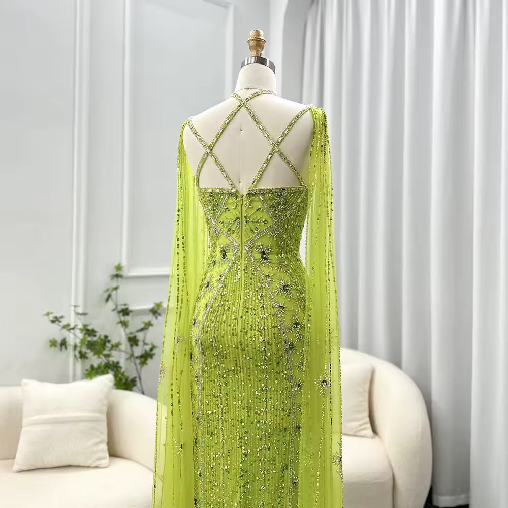 Elegant Beaded Gown with Open Sleeves and Crystal Detailing