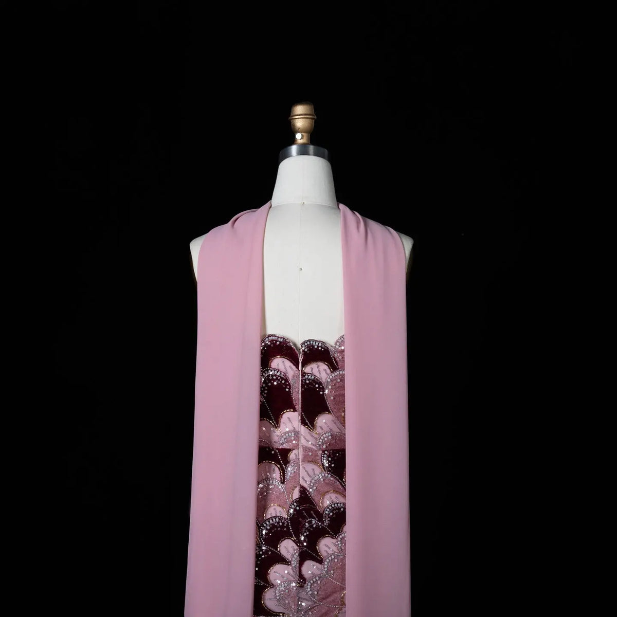 Elegant Strapless Dress with Scalloped Beadwork and Statement Cape