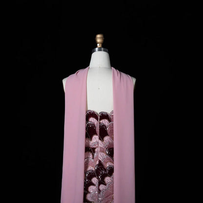 Elegant Strapless Dress with Scalloped Beadwork and Statement Cape