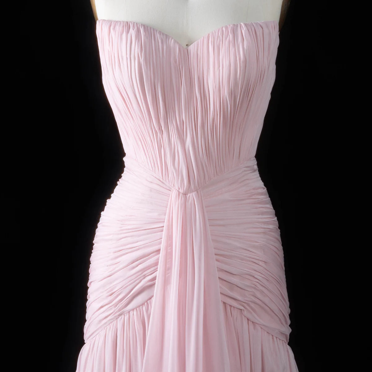 Baby Pink Strapless Chiffon Gown with Ruched Bodice & Flowy Skirt
