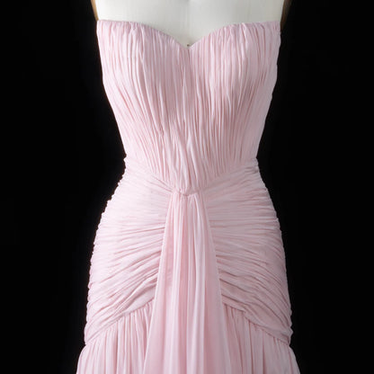 Baby Pink Strapless Chiffon Gown with Ruched Bodice & Flowy Skirt