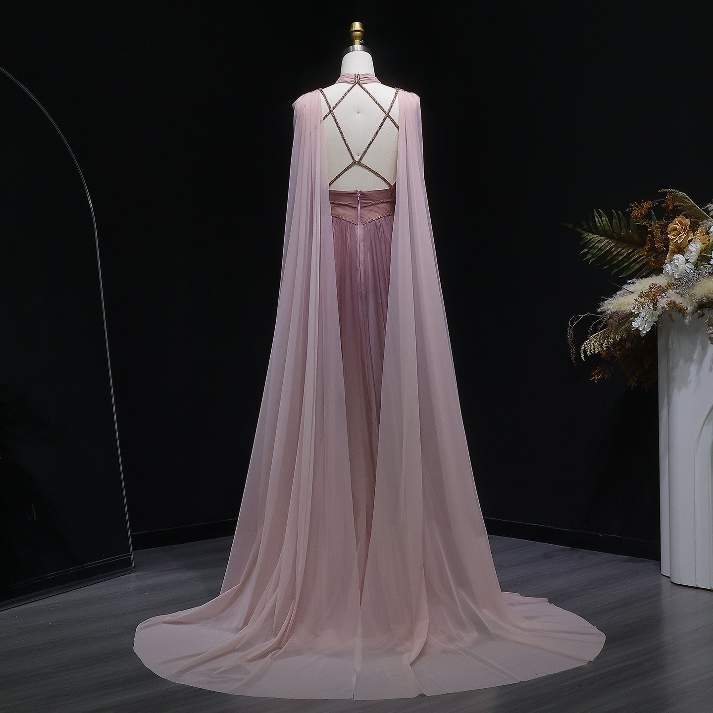 Pink Grecian Draped Gown with Chiffon Cape and Criss-Cross Back Detail