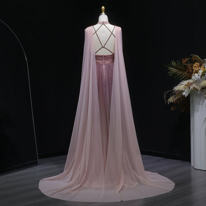 Pink Grecian Draped Gown with Chiffon Cape and Criss-Cross Back Detail