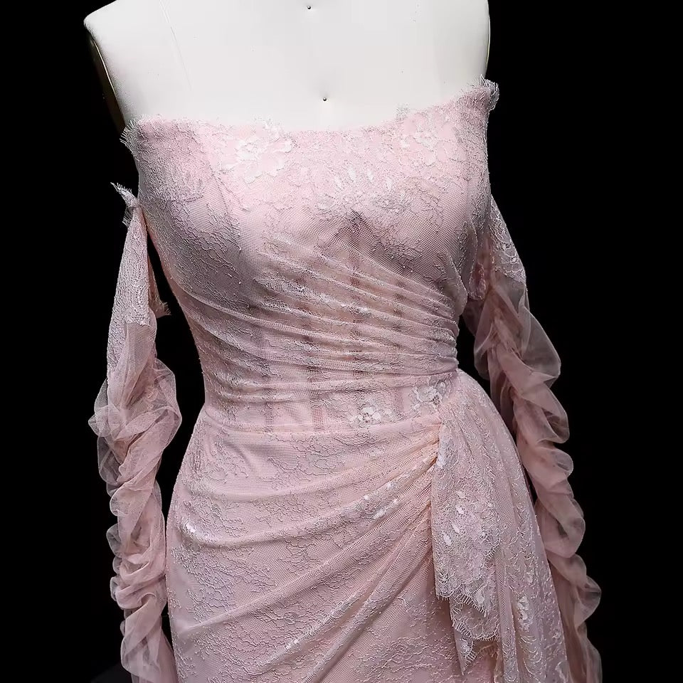 “Blush Orchid” Gown with Flowy Gloves and Draped Lace Detail