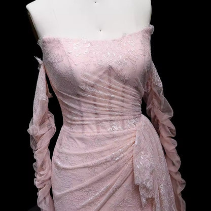 “Blush Orchid” Gown with Flowy Gloves and Draped Lace Detail