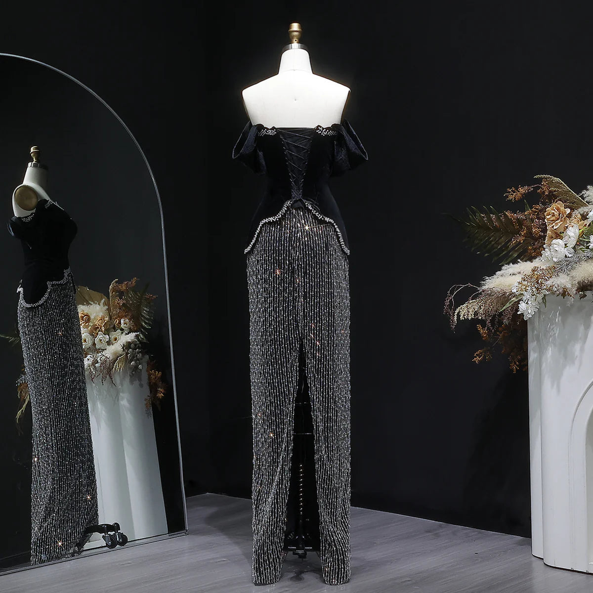Black Velvet Pearl-Embellished Evening Gown