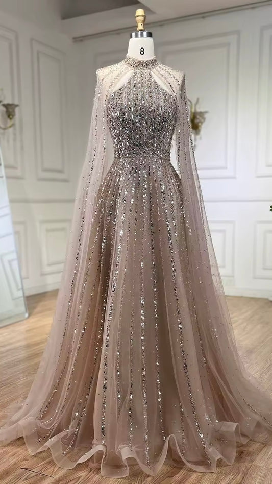 High-Neck Evening Gown with Sparkling Tulle Cape