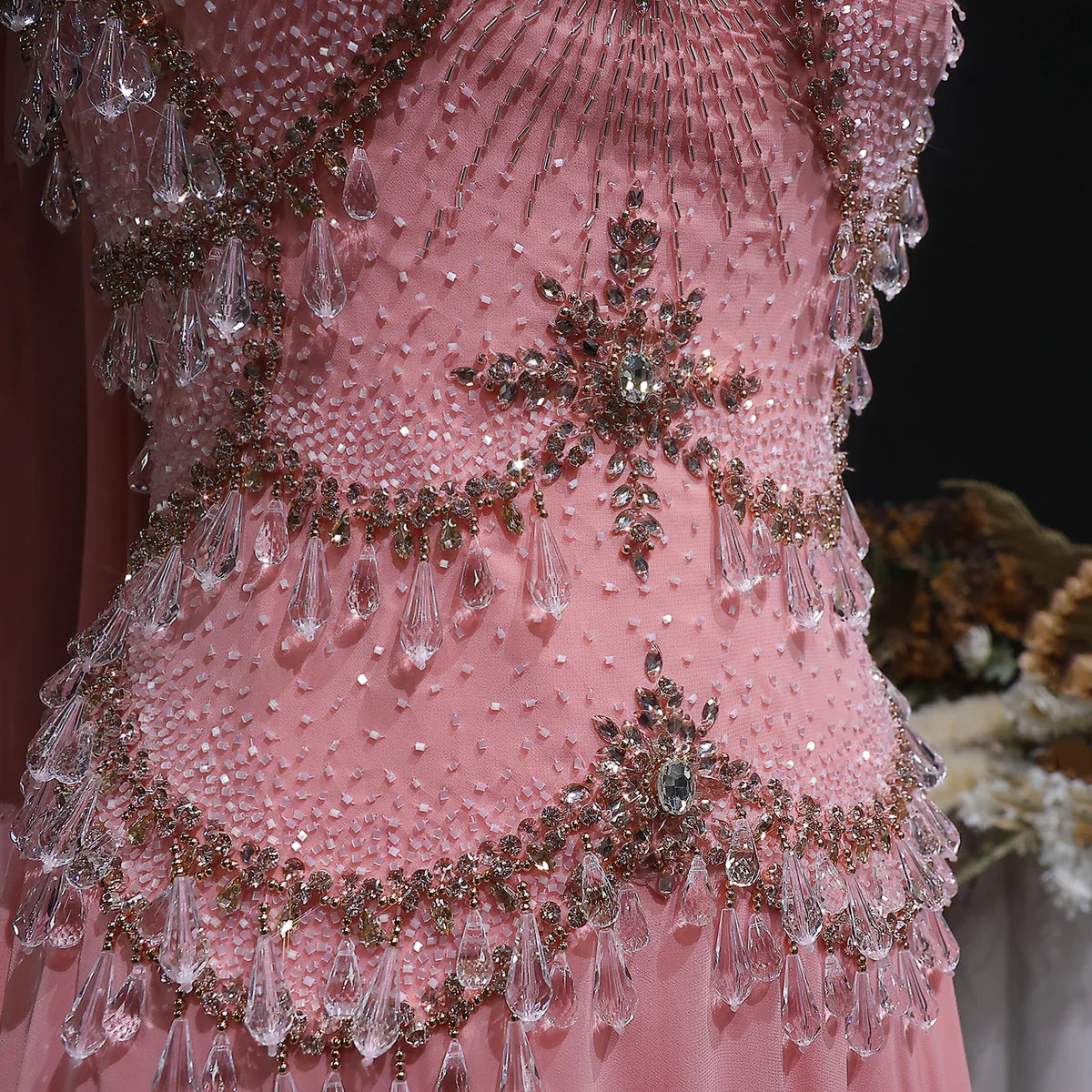 Dusty Rose Pleated Chiffon Gown with Chandelier Beading