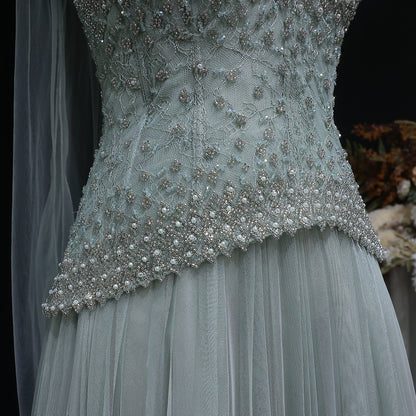 Luxury Dusty Pink Pearl Beaded A-Line Evening Dress With Scarf