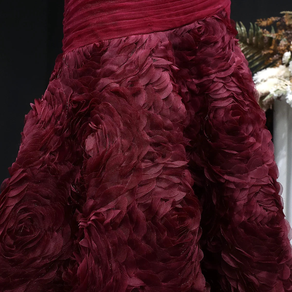 Burgundy Off-the-Shoulder Evening Gown with Ruched Bodice & 3D Rosettes