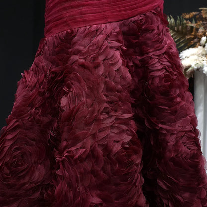 Burgundy Off-the-Shoulder Evening Gown with Ruched Bodice & 3D Rosettes