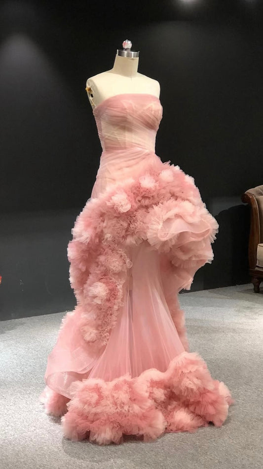 Strapless Pink Ruffled Tulle Couture Gown