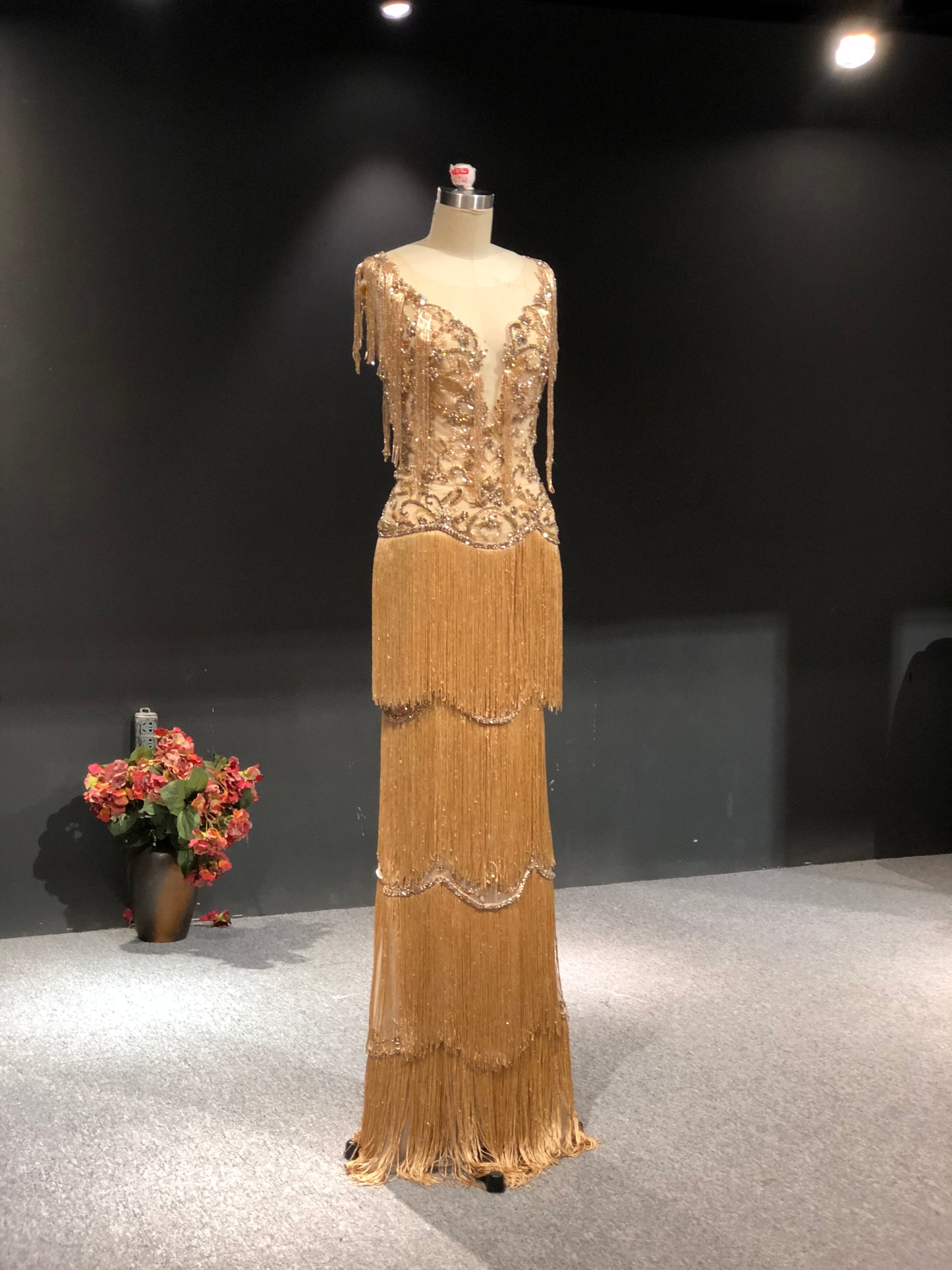 Hand-Embroidered Champagne Gold Fringe Couture Gown