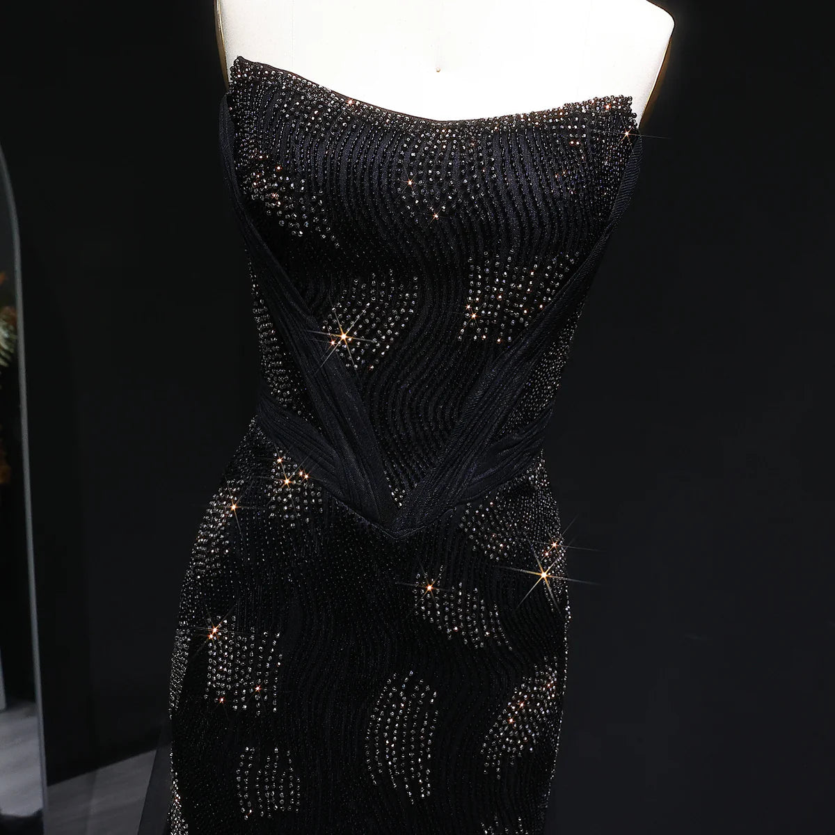“Galaxy Shadows” Gown – Black Sparkling Strapless Elegance