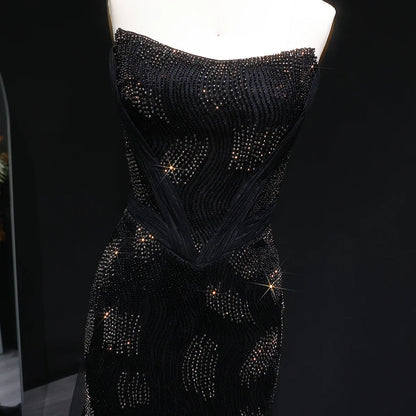 “Galaxy Shadows” Gown – Black Sparkling Strapless Elegance