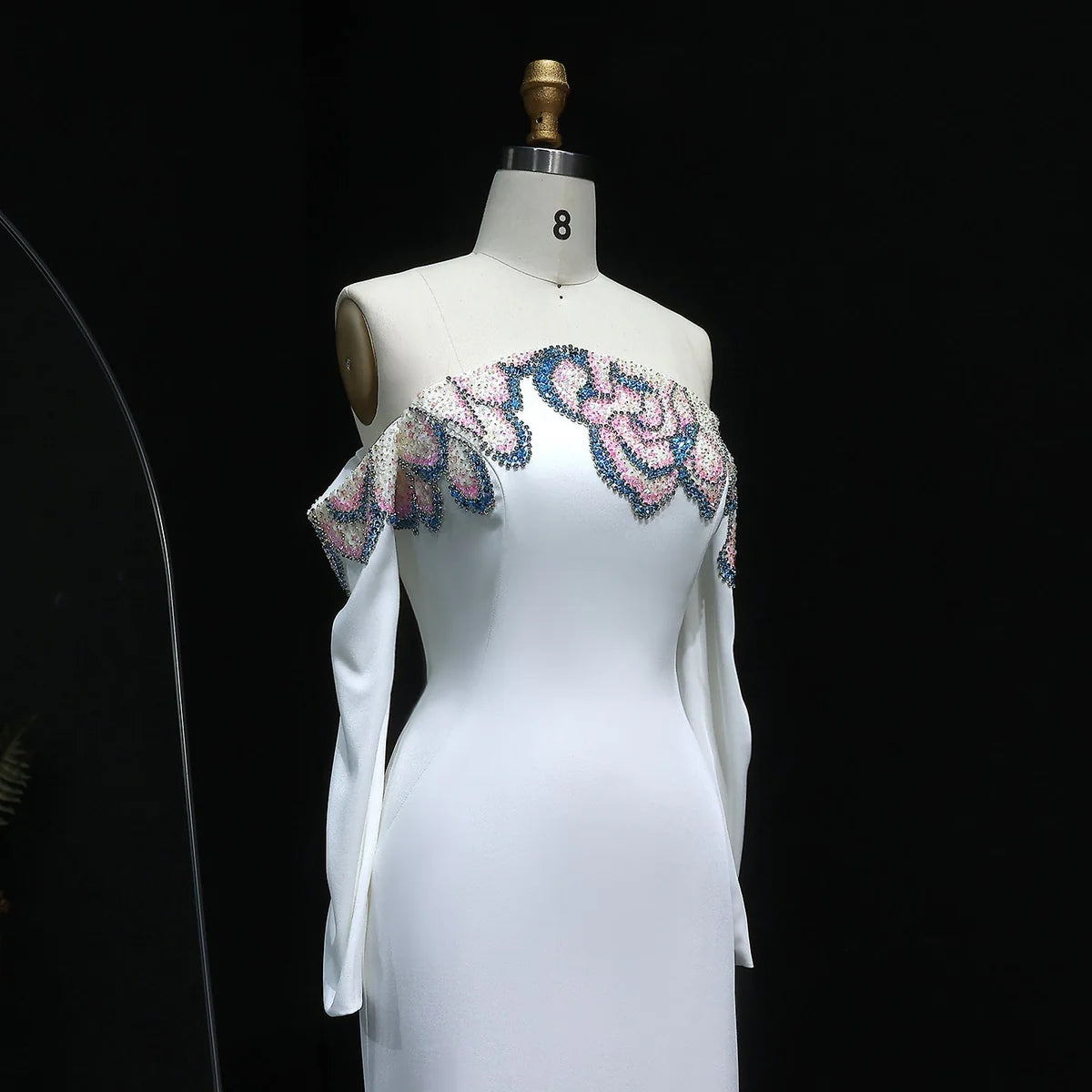“Petal Edge” Sleek Gown with Off-Shoulder Sleeves and Crystal Floral Embroidery
