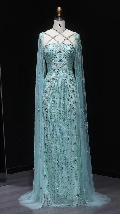 Elegant Beaded Gown with Open Sleeves and Crystal Detailing