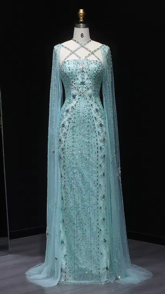Elegant Beaded Gown with Open Sleeves and Crystal Detailing