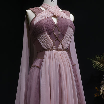 Pink Grecian Draped Gown with Chiffon Cape and Criss-Cross Back Detail