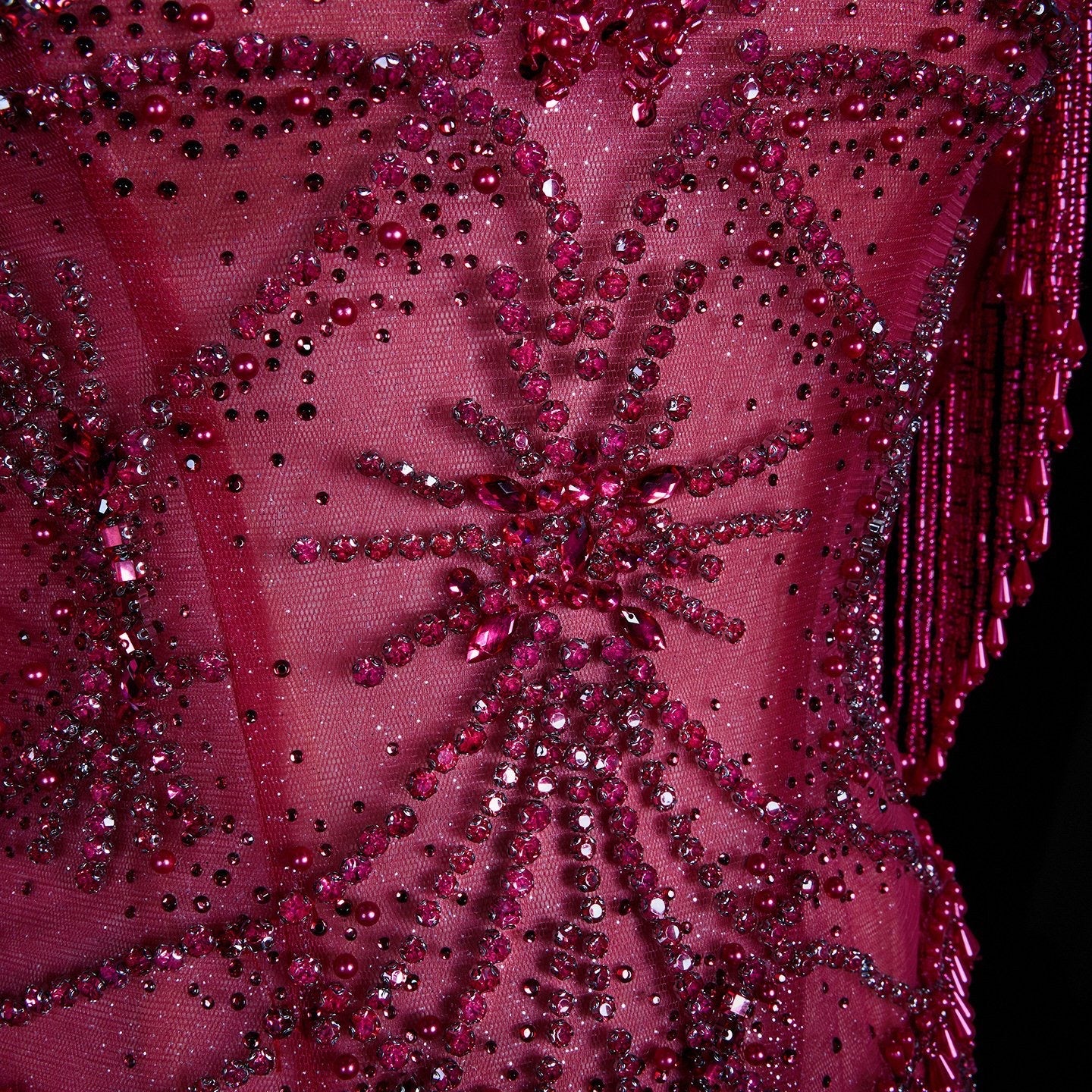 Luxurious Magenta Beaded Strapless Gown with Shoulder Beaded Fringe