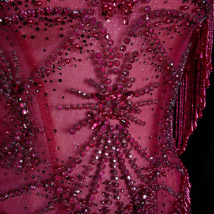 Luxurious Magenta Beaded Strapless Gown with Shoulder Beaded Fringe