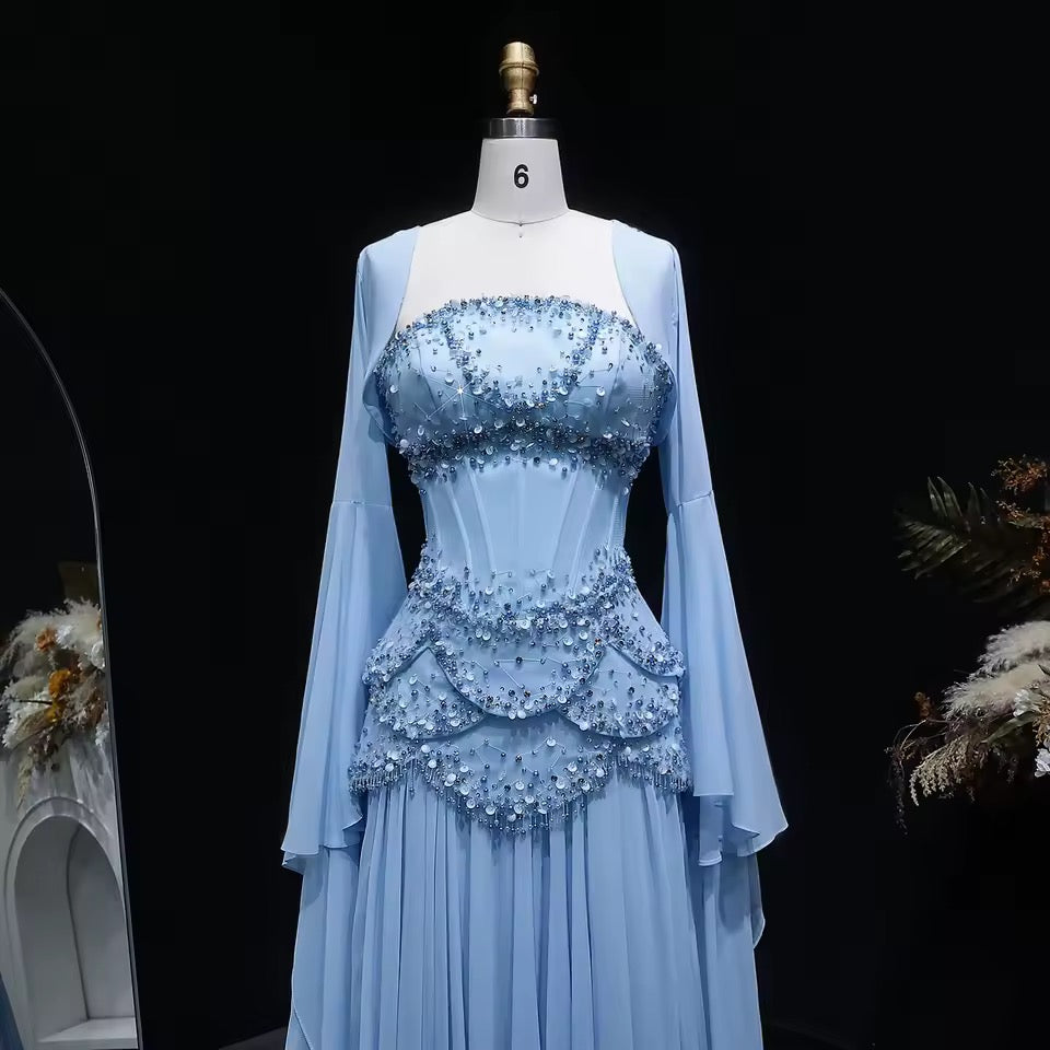 Sky Blue Layered Corset Dress with Pearls and Beads