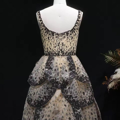 Luxury Champagne & Black Sequin Gown with Scalloped Tiers