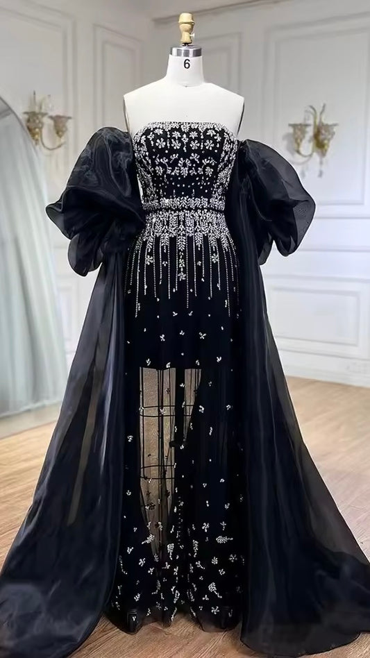 Black Puff Sleeves Evening Dress Gowns Beaded