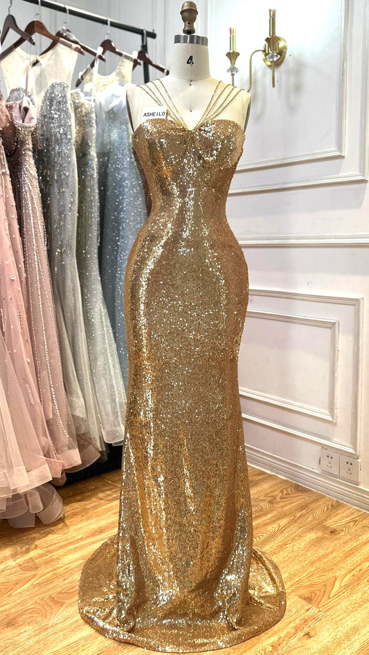 Golden Sequin Mermaid Gown with Beaded Straps