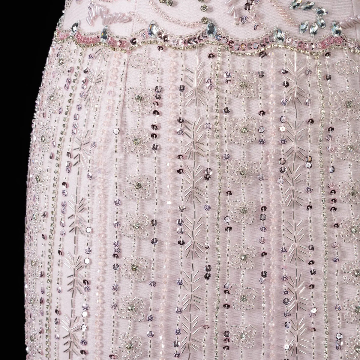 Royal Evening Gown with Cascading Crystal Beads and Floral Patterns